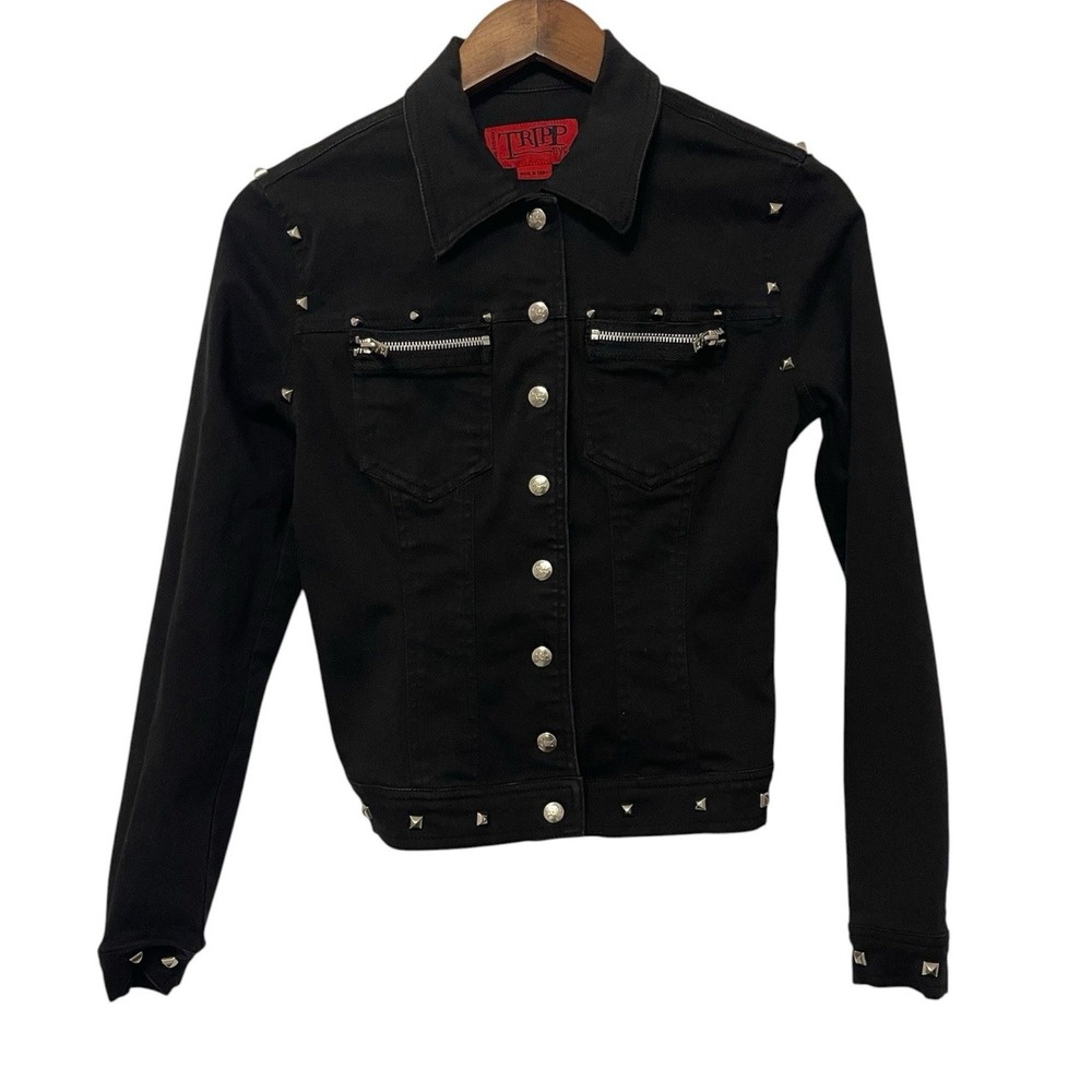 Women Vtg Studded Daang Goodman Tripp NYC Black Denim Studded Jacket M Y2K Goth
